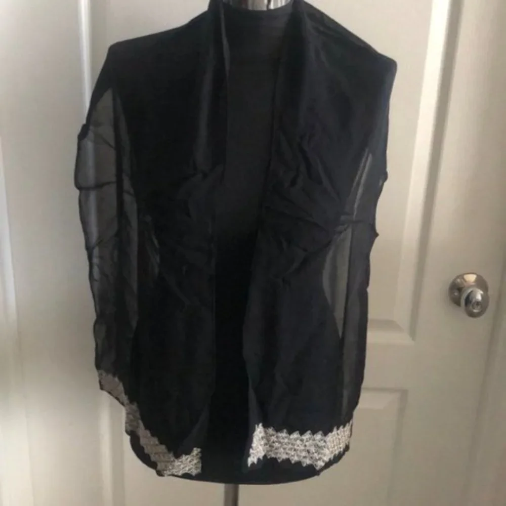 Scarf Black Sheer Wrap Beaded Ends New
